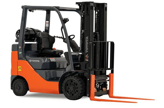 Forklift Toyota LPG oranye dengan mast triplex tampak dari samping
